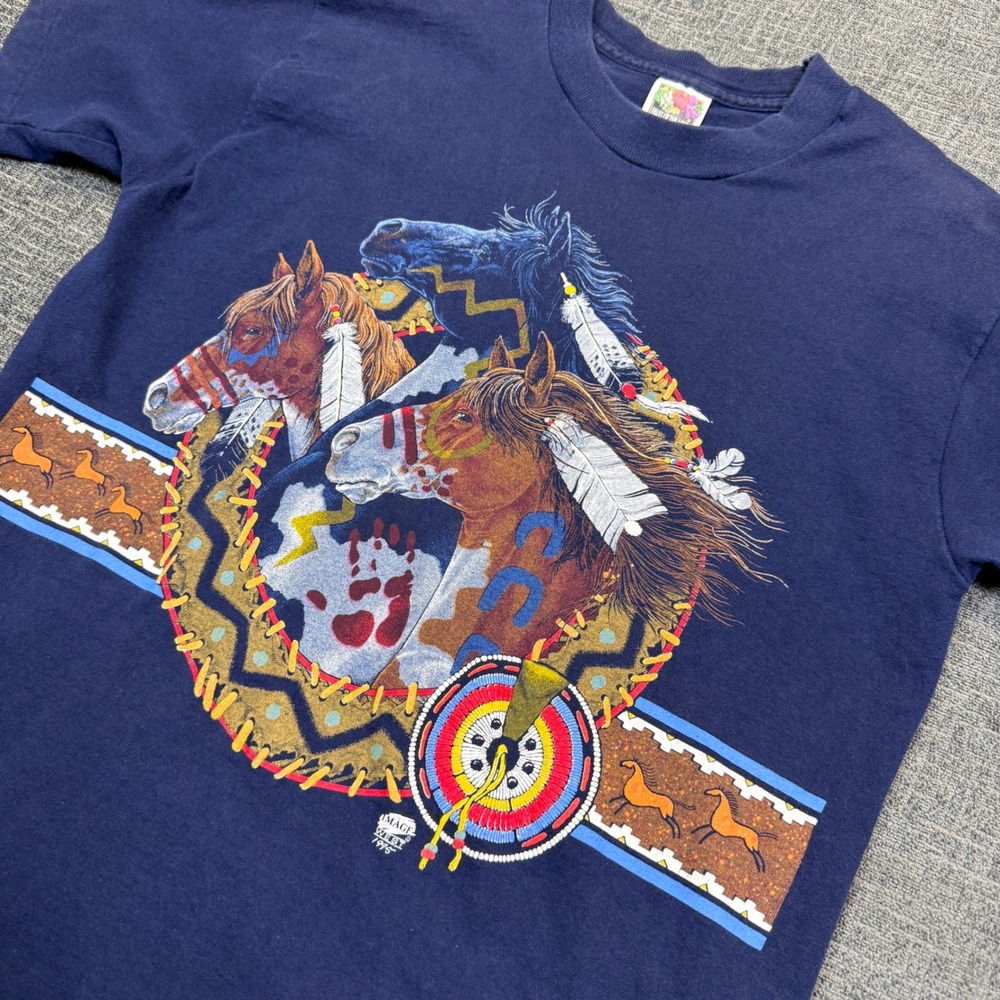 Vtg Fruit Of The Loom T-Shirt Mens M Blue Single Stitch Indian Horse Tribal 90s
